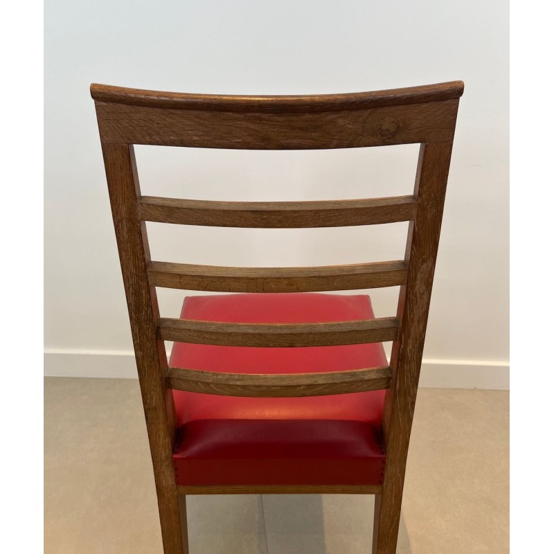 Set of Six Art Déco Oak Dining Chairs, Red Faux Leather, André Arbus Style