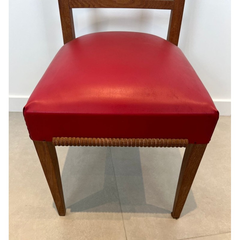 Suite de Six Chaises Art Déco Chêne, Skaï Rouge, Travail Français, v. 1940