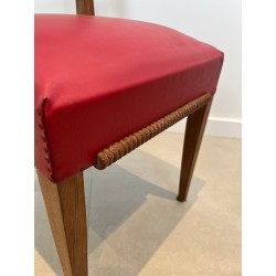 Set of Six Art Déco Oak Dining Chairs, Red Faux Leather, André Arbus Style