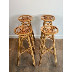 Suite de Quatre Tabourets de Bar en Rotin, Mid-Century Modern, v. 1970
