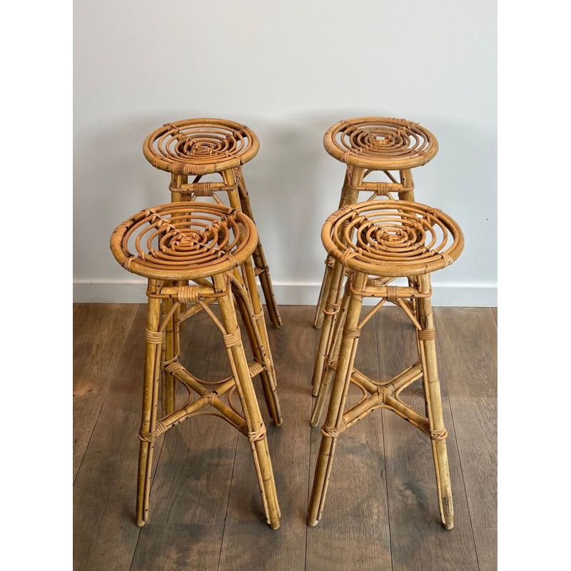 Set of Four Rattan Bar Stools, Mid-Century Modern, French, c. 1970