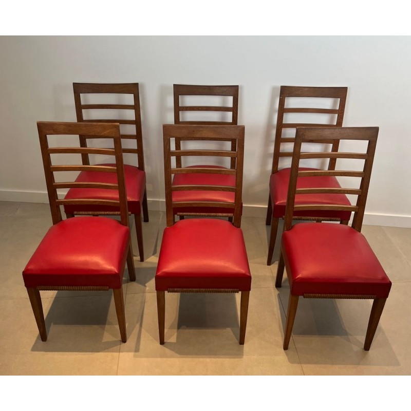 Set of Six Art Déco Oak Dining Chairs, Red Faux Leather, André Arbus Style