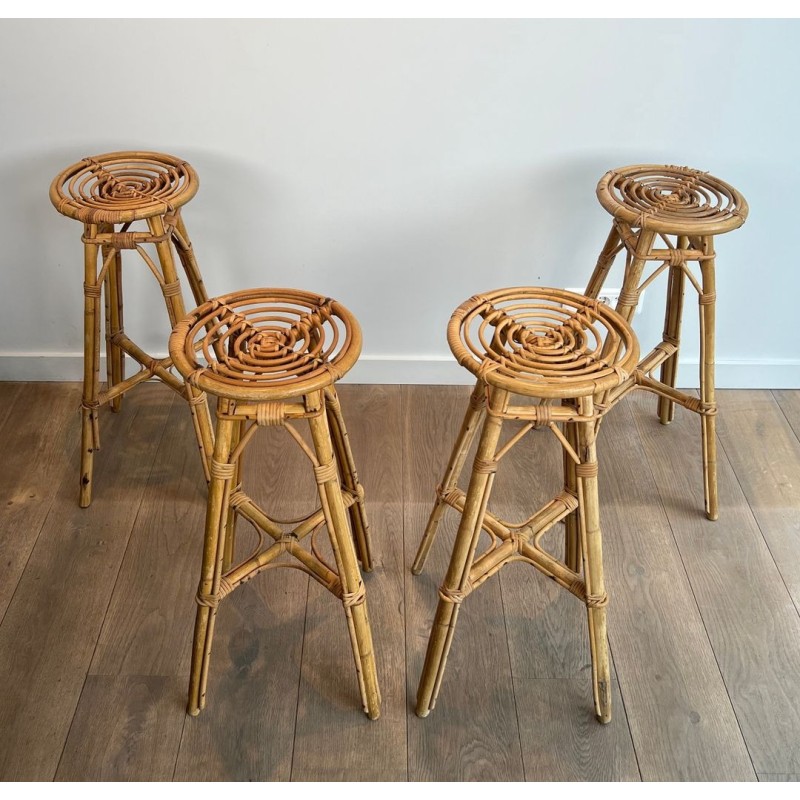Suite de Quatre Tabourets de Bar en Rotin, Mid-Century Modern, v. 1970