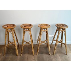 Suite de Quatre Tabourets de Bar en Rotin, Mid-Century Modern, v. 1970