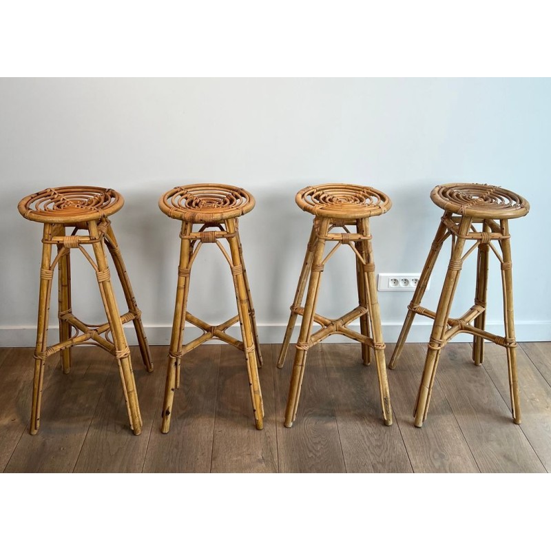 Set of Four Rattan Bar Stools, Mid-Century Modern, French, c. 1970