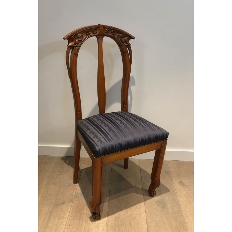Suite of Four Art Nouveau Cherry Wood Chairs, Carved Floral Motifs, c. 1900