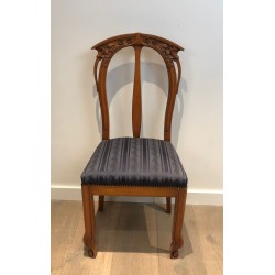 Suite of Four Art Nouveau Cherry Wood Chairs, Carved Floral Motifs, c. 1900