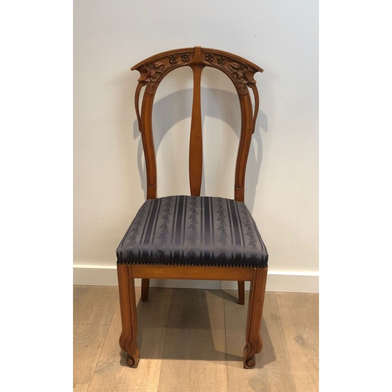 Suite de Quatre Chaises Art Nouveau Merisier, Décors Floraux, vers 1900