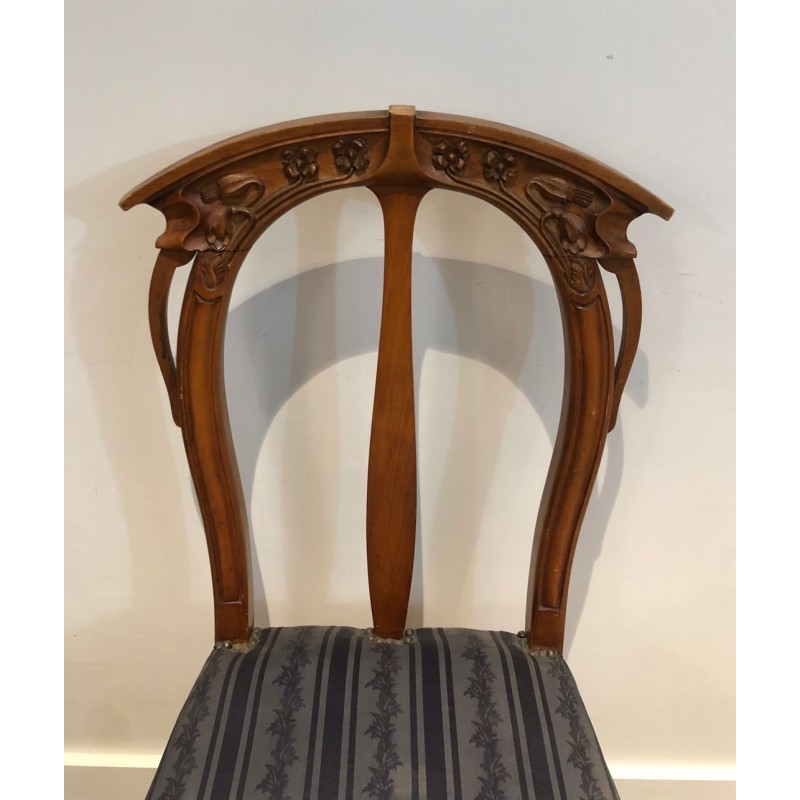 Suite of Four Art Nouveau Cherry Wood Chairs, Carved Floral Motifs, c. 1900