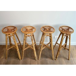 Set of Four Rattan Bar Stools, Mid-Century Modern, French, c. 1970