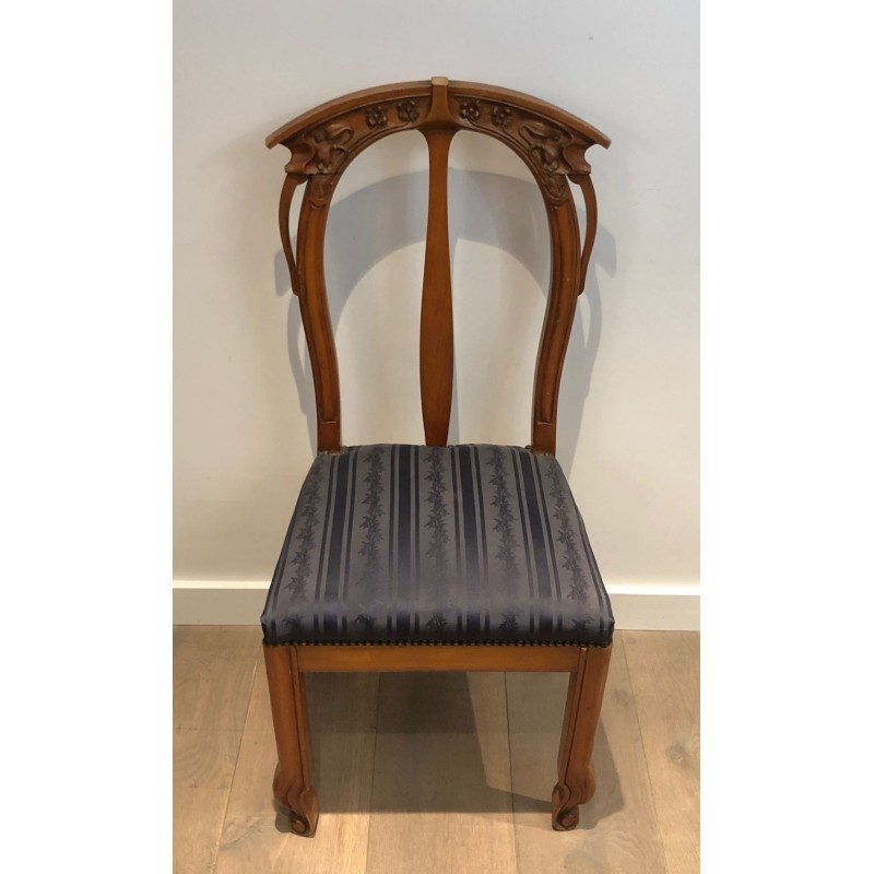 Suite de Quatre Chaises Art Nouveau Merisier, Décors Floraux, vers 1900