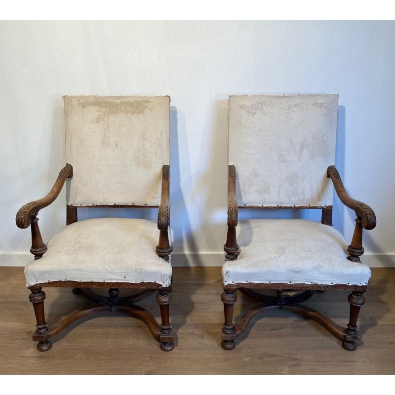 Pair of High-Backed Walnut Armchairs, Louis XIII Style, French, c. 1880