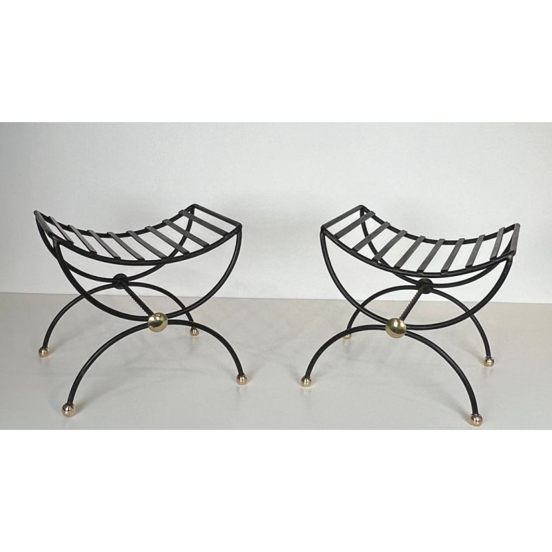 Paire Tabourets Curules Fer Forgé Laiton Mid-Century Modern France 1950