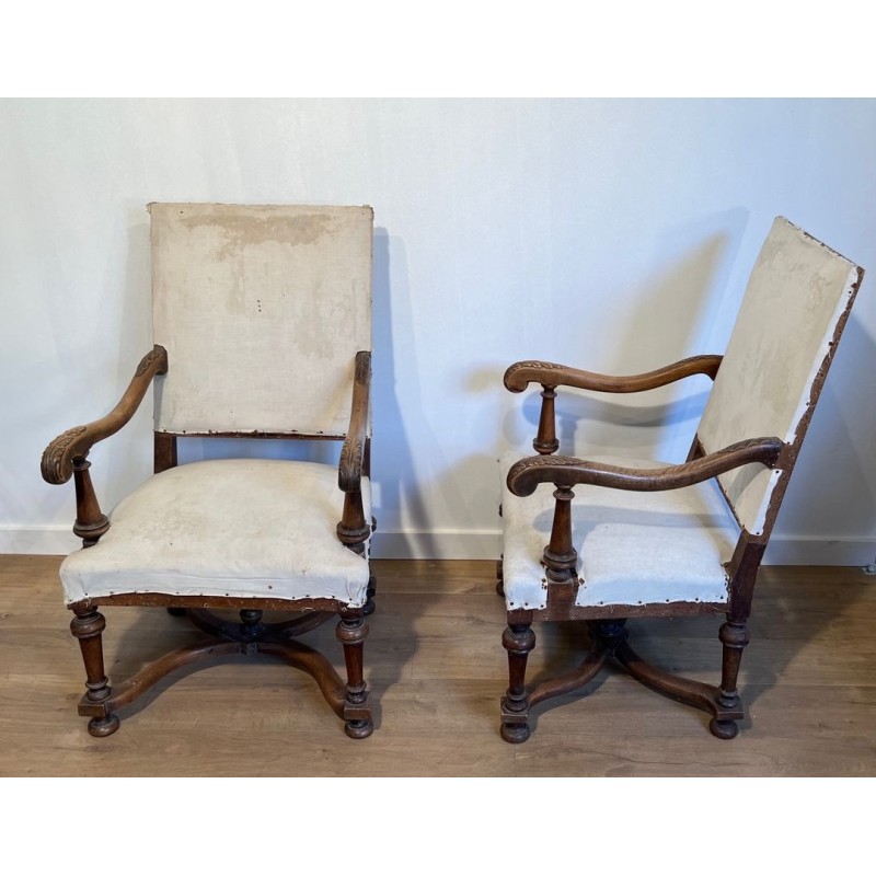Pair of High-Backed Walnut Armchairs, Louis XIII Style, French, c. 1880