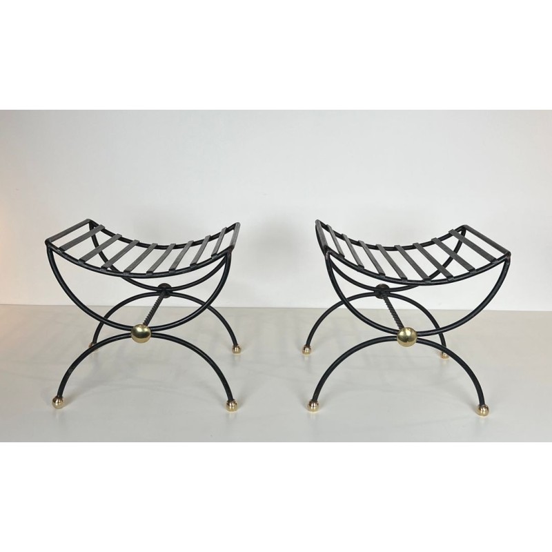 Pair Wrought Iron Brass Curule Stools Mid-Century Modern French circa 1950