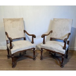 Pair of High-Backed Walnut Armchairs, Louis XIII Style, French, c. 1880