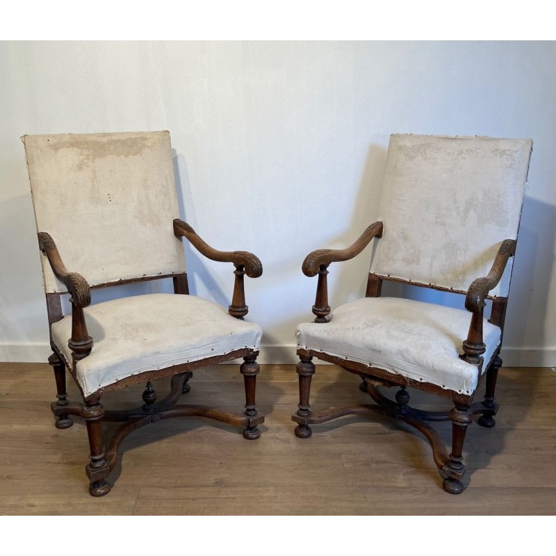 Pair of High-Backed Walnut Armchairs, Louis XIII Style, French, c. 1880