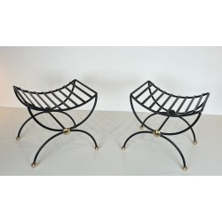 Paire Tabourets Curules Fer Forgé Laiton Mid-Century Modern France 1950