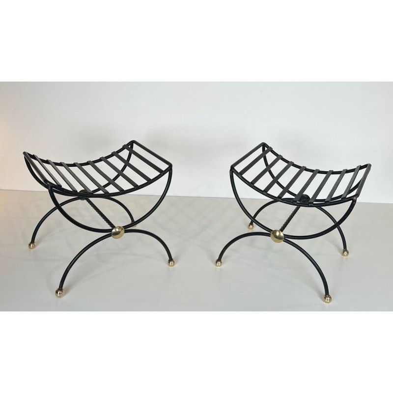 Pair Wrought Iron Brass Curule Stools Mid-Century Modern French circa 1950
