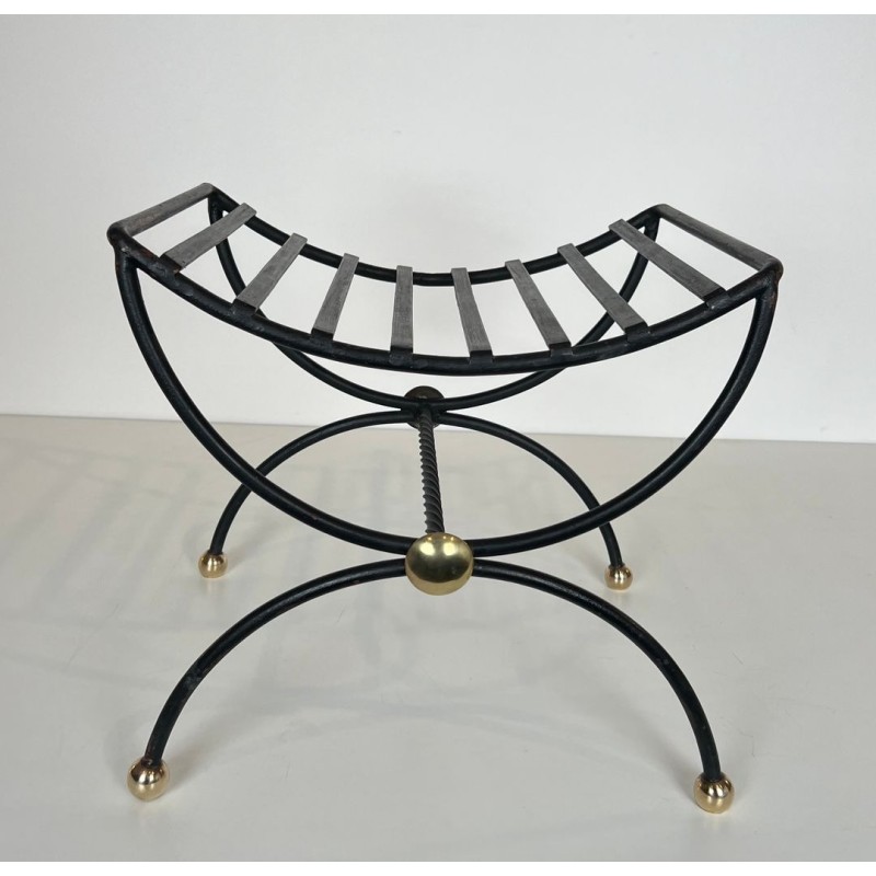 Pair Wrought Iron Brass Curule Stools Mid-Century Modern French circa 1950