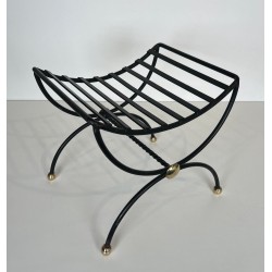 Paire Tabourets Curules Fer Forgé Laiton Mid-Century Modern France 1950