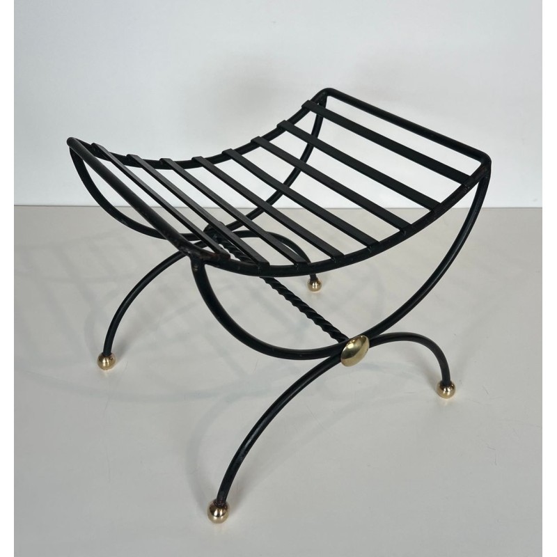 Paire Tabourets Curules Fer Forgé Laiton Mid-Century Modern France 1950