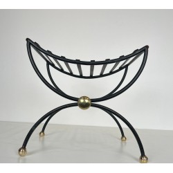 Paire Tabourets Curules Fer Forgé Laiton Mid-Century Modern France 1950