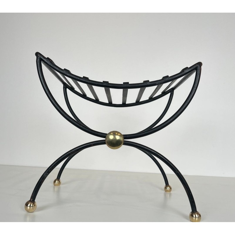 Paire Tabourets Curules Fer Forgé Laiton Mid-Century Modern France 1950