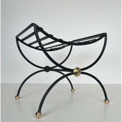 Pair Wrought Iron Brass Curule Stools Mid-Century Modern French circa 1950