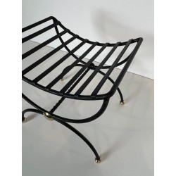 Paire Tabourets Curules Fer Forgé Laiton Mid-Century Modern France 1950