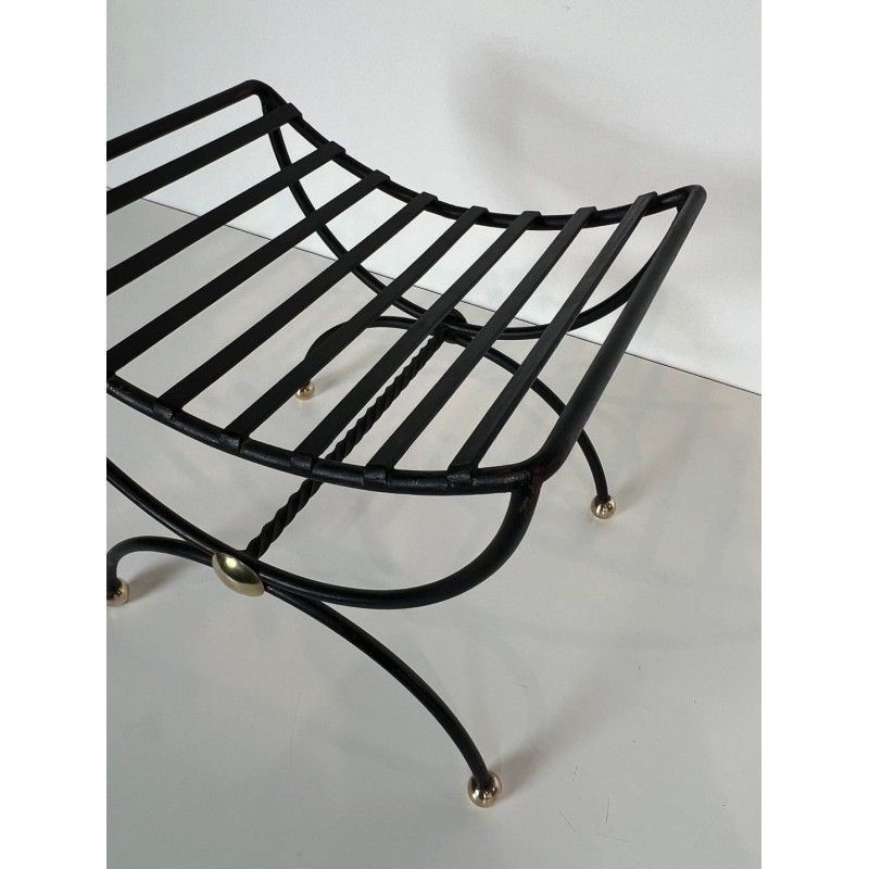 Paire Tabourets Curules Fer Forgé Laiton Mid-Century Modern France 1950