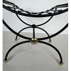 Pair Wrought Iron Brass Curule Stools Mid-Century Modern French circa 1950