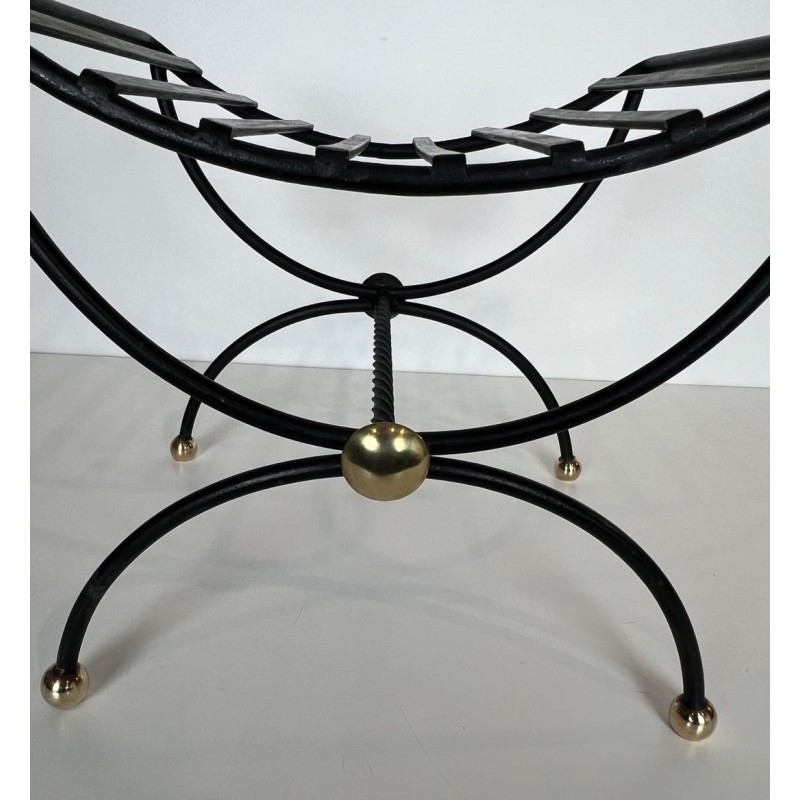 Paire Tabourets Curules Fer Forgé Laiton Mid-Century Modern France 1950