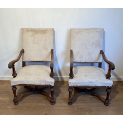 Paire de Fauteuils Haut Dossier Noyer, Style Louis XIII, France, 1880