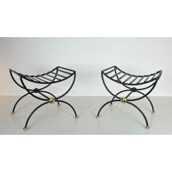 Paire Tabourets Curules Fer Forgé Laiton Mid-Century Modern France 1950