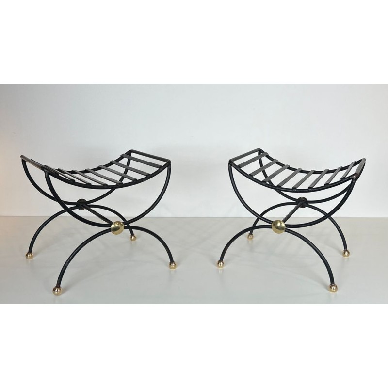 Paire Tabourets Curules Fer Forgé Laiton Mid-Century Modern France 1950