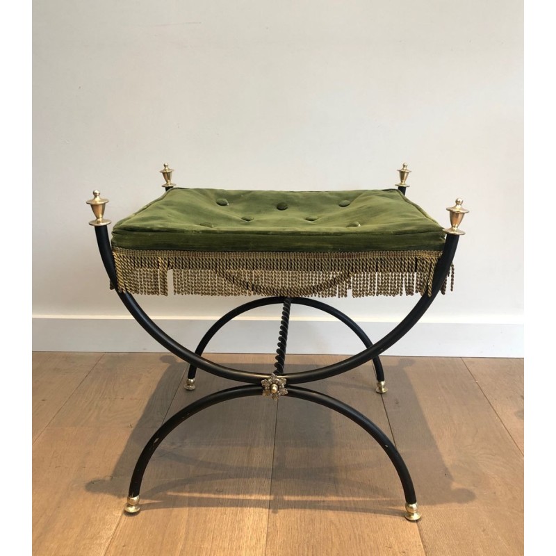 Neoclassical Black-Lacquered Brass Stool Green Velvet French circa 1940