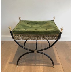 Neoclassical Black-Lacquered Brass Stool Green Velvet French circa 1940