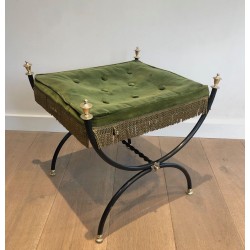 Neoclassical Black-Lacquered Brass Stool Green Velvet French circa 1940