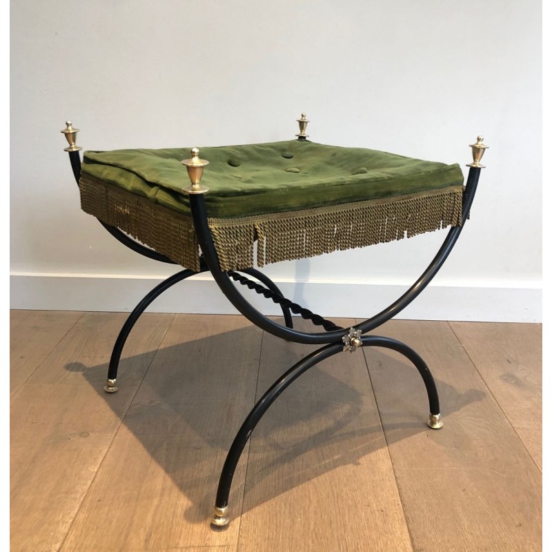 Neoclassical Black-Lacquered Brass Stool Green Velvet French circa 1940