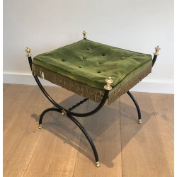 Tabouret Néoclassique Métal Laqué Noir Laiton Velours Vert France 1940
