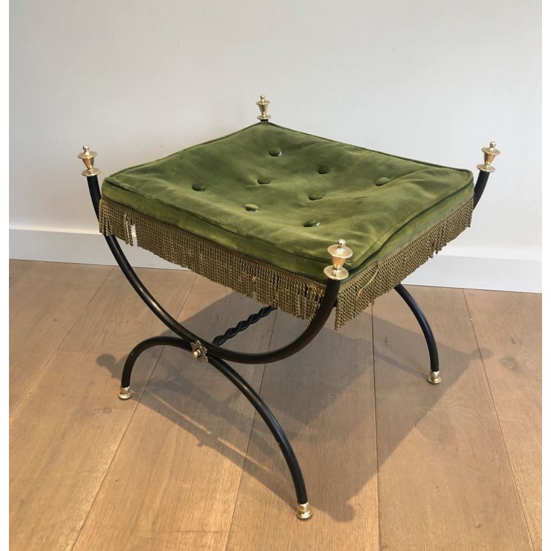 Neoclassical Black-Lacquered Brass Stool Green Velvet French circa 1940