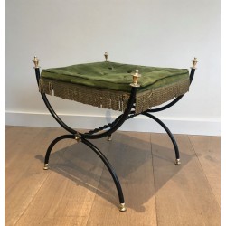 Neoclassical Black-Lacquered Brass Stool Green Velvet French circa 1940