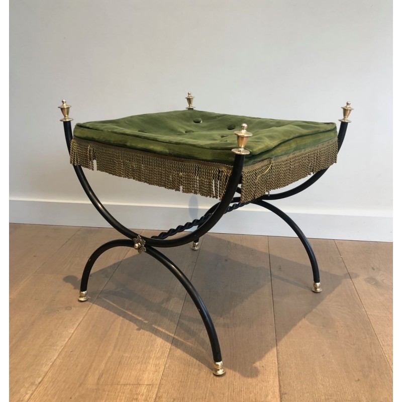 Tabouret Néoclassique Métal Laqué Noir Laiton Velours Vert France 1940