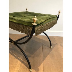 Neoclassical Black-Lacquered Brass Stool Green Velvet French circa 1940