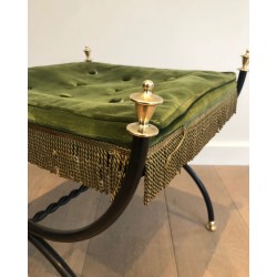 Tabouret Néoclassique Métal Laqué Noir Laiton Velours Vert France 1940