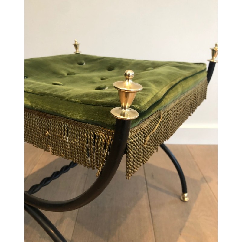 Tabouret Néoclassique Métal Laqué Noir Laiton Velours Vert France 1940