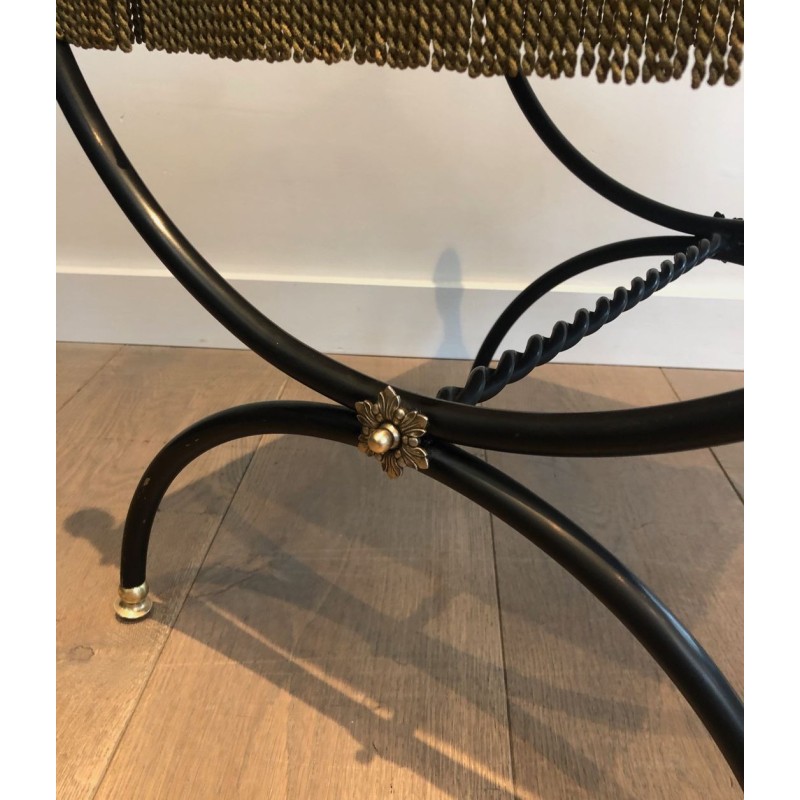 Tabouret de Style Néoclassique en Métal Laqué Noir, Laiton et Velours