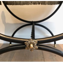 Tabouret Néoclassique Métal Laqué Noir Laiton Velours Vert France 1940