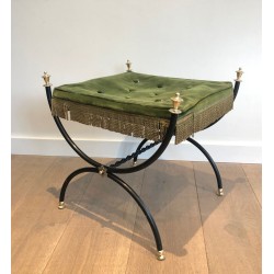 Tabouret Néoclassique Métal Laqué Noir Laiton Velours Vert France 1940